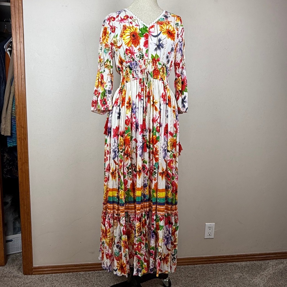 ME 2 Magic Floral Maxi Dress Women Medium White Boho Gold Lurex Bell Sleeve NEW